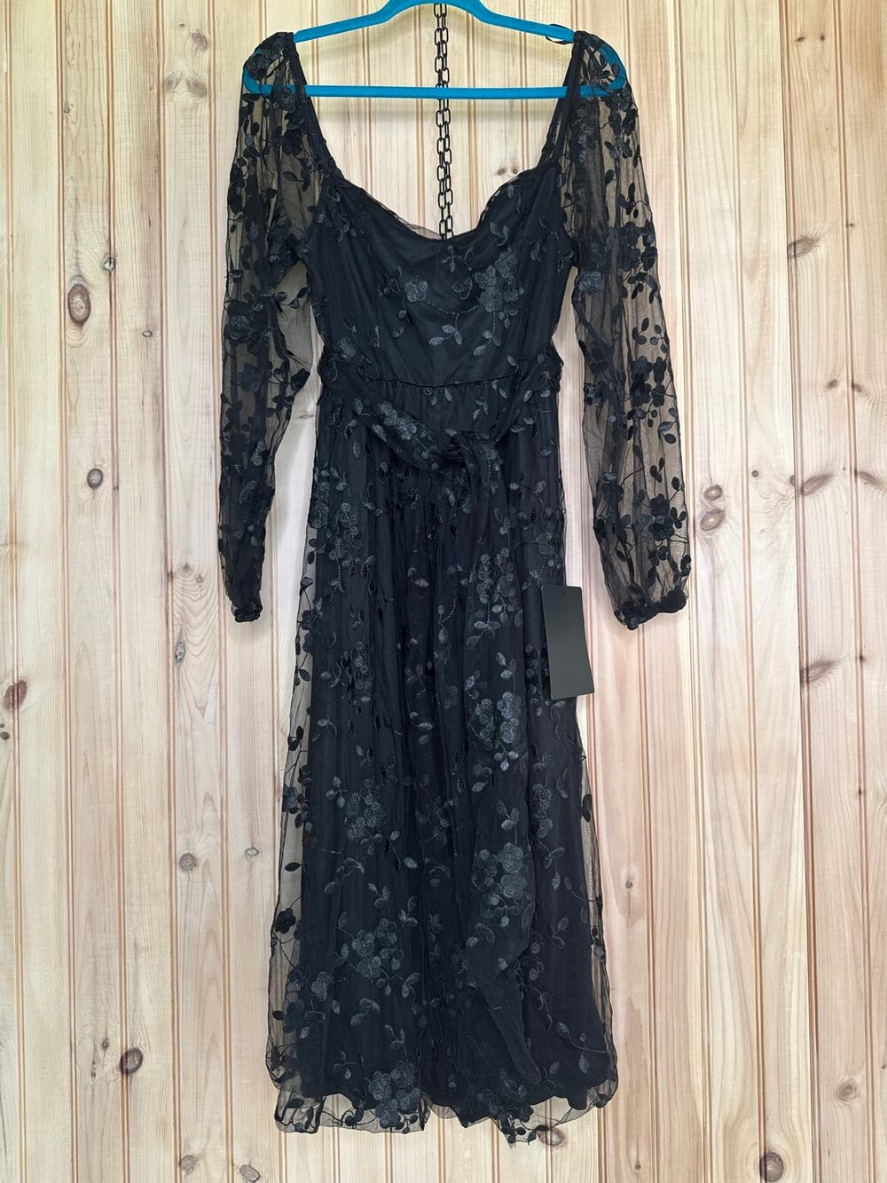 NWT Lulus Darling Charisma Black Mesh Embroidered Long Sleeve Midi Dress Large